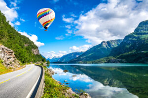 River and mountains and a hot air balloon
