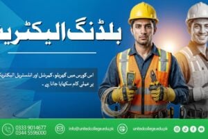 Two electricians in safety gear, one wearing a yellow hard hat and the other a white one, hold electrical tools and wires against a blue background.