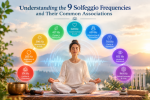 illustrating the nine Solfeggio frequencies and their common associations, with a woman meditating surrounded by colorful frequency orbs, sound waves, a singing bowl, and tuning forks in a peaceful natural setting.