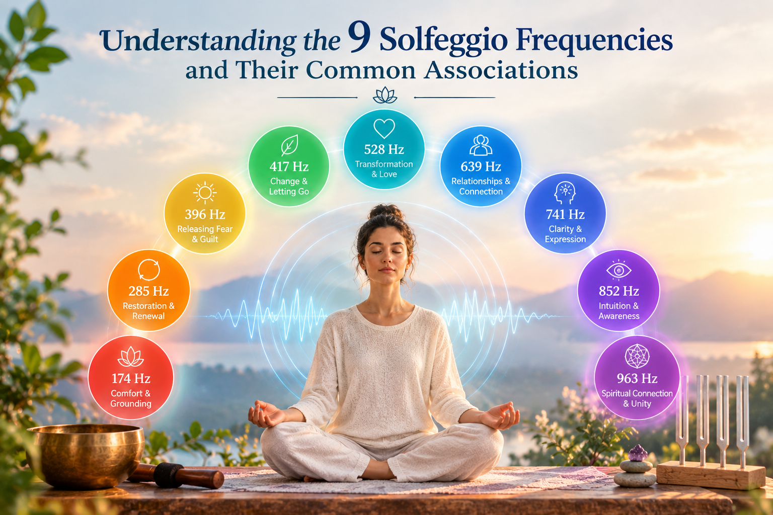 illustrating the nine Solfeggio frequencies and their common associations, with a woman meditating surrounded by colorful frequency orbs, sound waves, a singing bowl, and tuning forks in a peaceful natural setting.