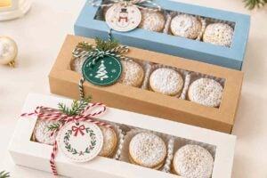 Christmas cookie boxes with festive designs and window packaging filled with decorated cookies.