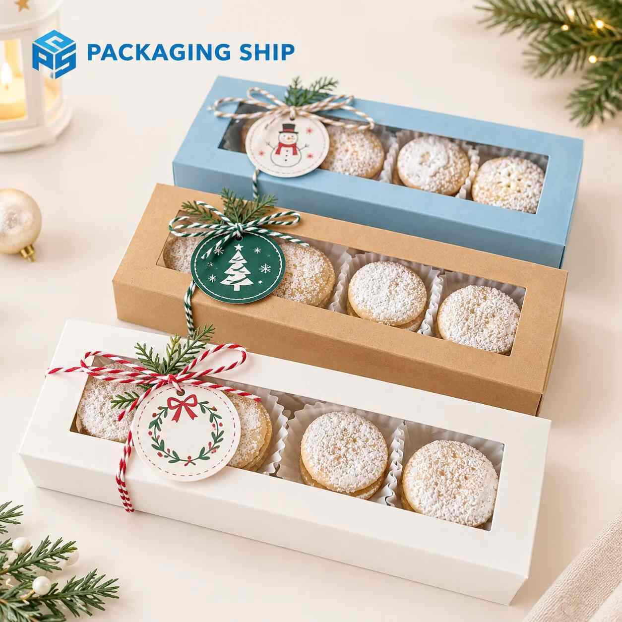 Christmas cookie boxes with festive designs and window packaging filled with decorated cookies.