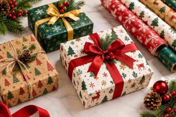 Custom Christmas wrapping paper featuring festive trees, reindeer, snowflakes, and holiday gift designs in red, green, and kraft brown.