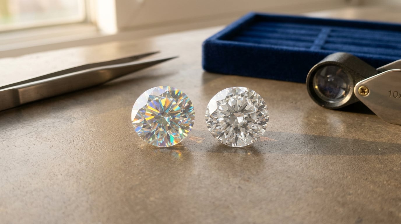 A close-up photograph comparing two large, round brilliant-cut gemstones side-by-side on a textured wooden workbench. The gem on the left displays intense, colorful rainbow-like fire and dispersion, contrasting with the gem on the right, which shows clear, bright white scintillation and fire. In the blurred background are various jeweler's tools, including a pair of metal tweezers, a velvet tray, and a black jeweler's loupe with a '10x' marking.