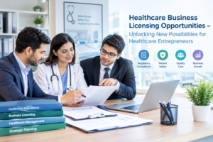 Healthcare Business Licensing Opportunities – professionals reviewing licensing documents, regulatory compliance, patient safety, and business growth strategies for healthcare services.