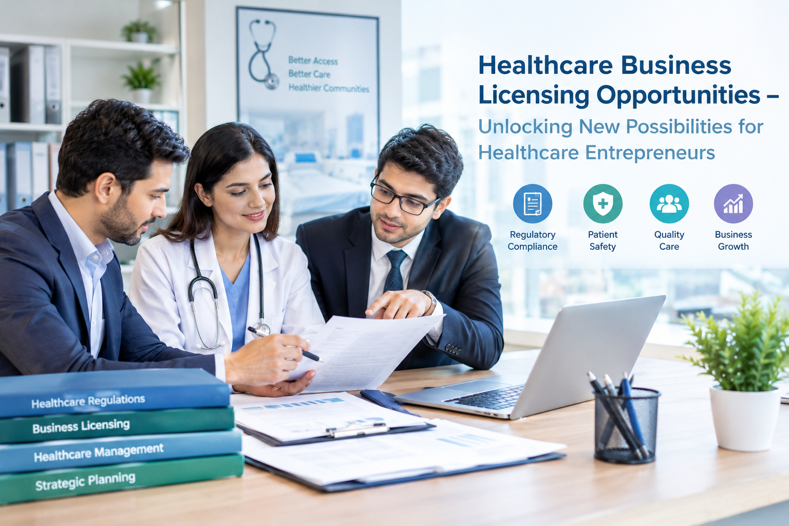 Healthcare Business Licensing Opportunities – professionals reviewing licensing documents, regulatory compliance, patient safety, and business growth strategies for healthcare services.