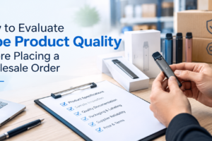 Vape product quality inspection before placing a wholesale order, featuring device testing, product specifications, and a quality control checklist.
