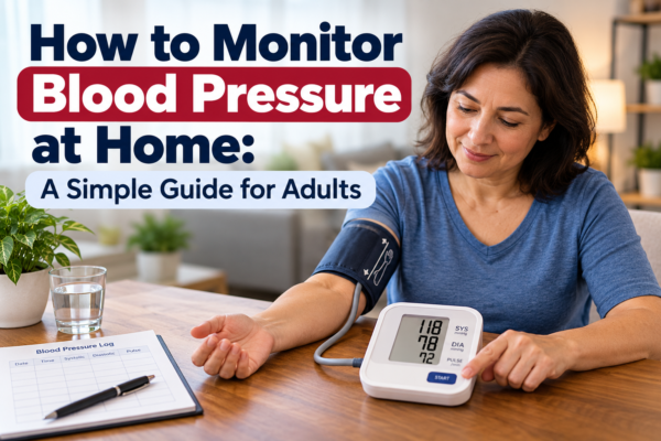 Adult taking a home blood pressure reading with an upper-arm cuff while seated with feet flat and arm supported at heart level.