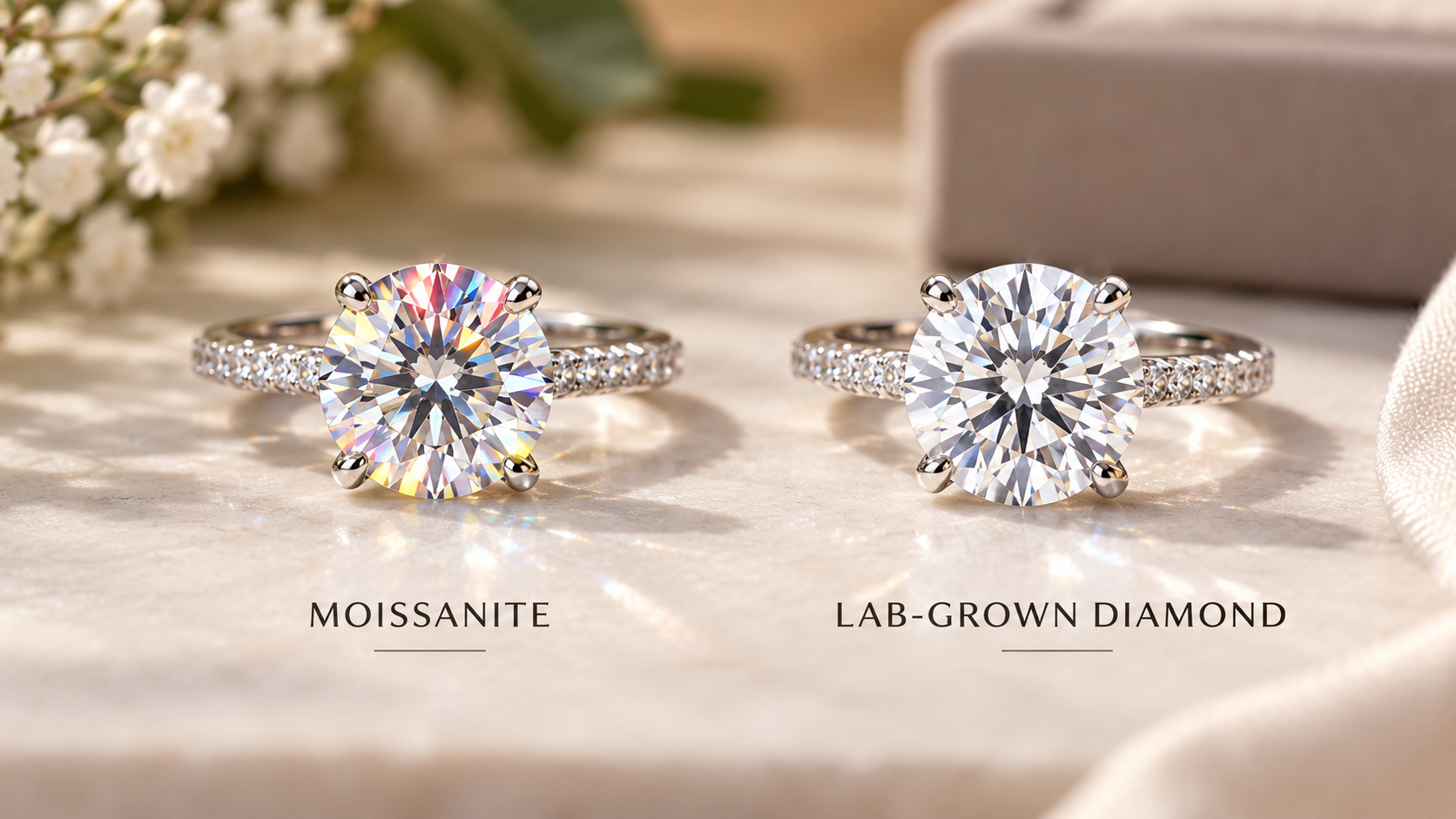 Moissanite and lab-grown diamond placed side by side to compare their sparkle and fire