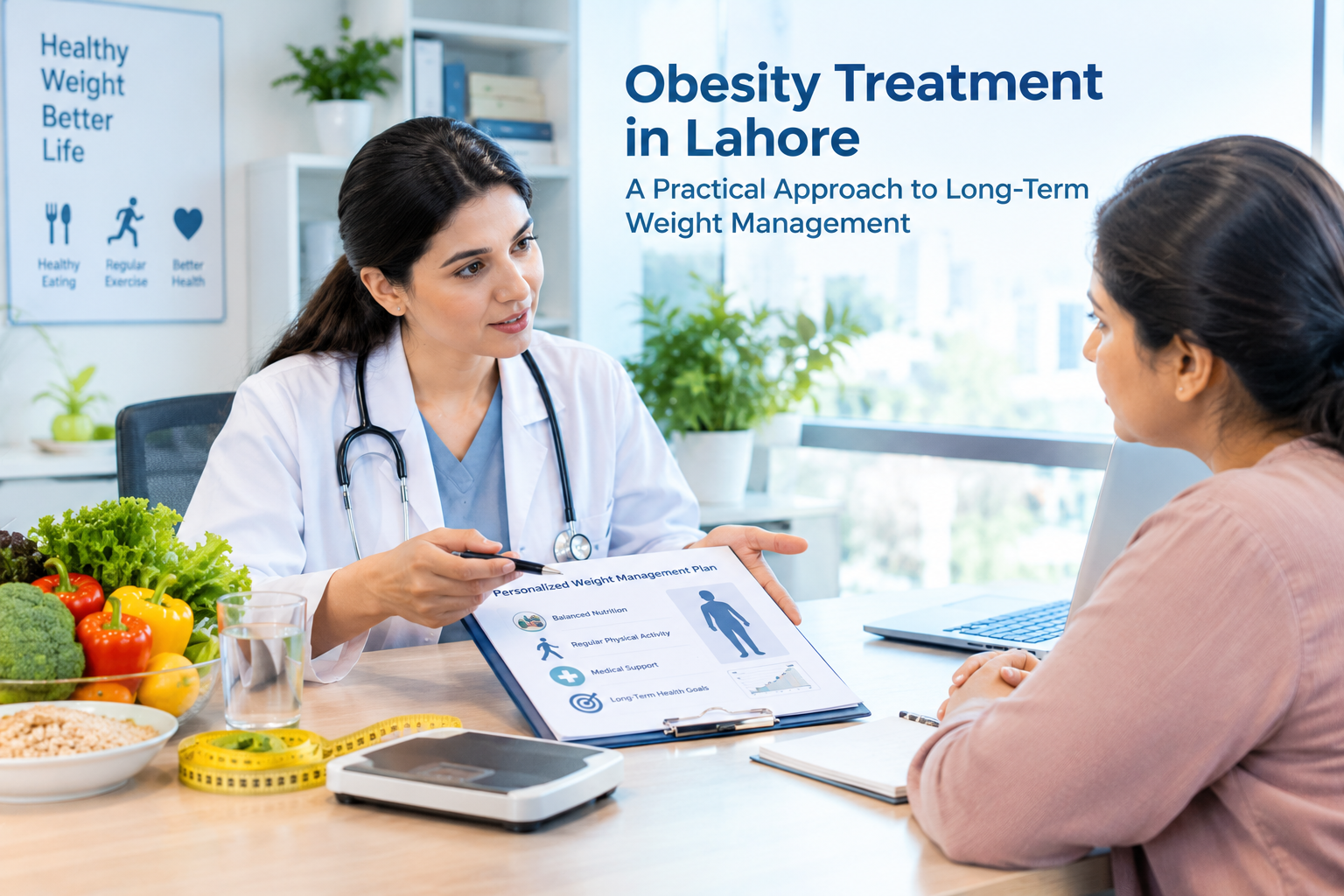 Obesity Treatment in Lahore – a healthcare professional discussing a personalized weight management plan, balanced nutrition, physical activity, and long-term weight management with a patient.
