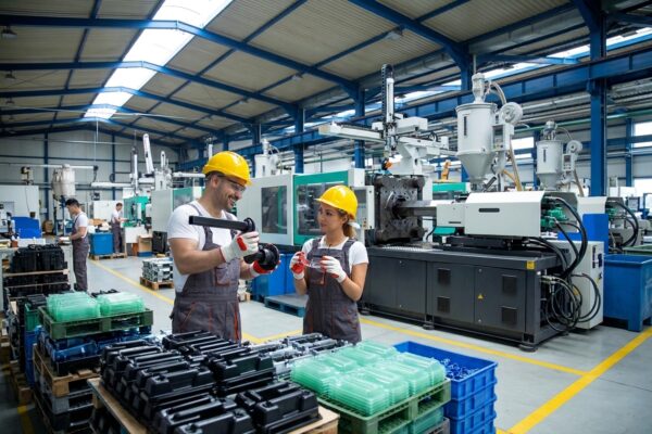 man and woman in an injection molding factory