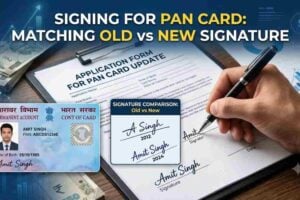 PAN card and signature update application form on a desk