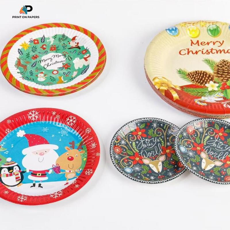 Colorful custom Christmas paper plates featuring Santa Claus, reindeer, festive ornaments, and holiday designs by Print On Papers.