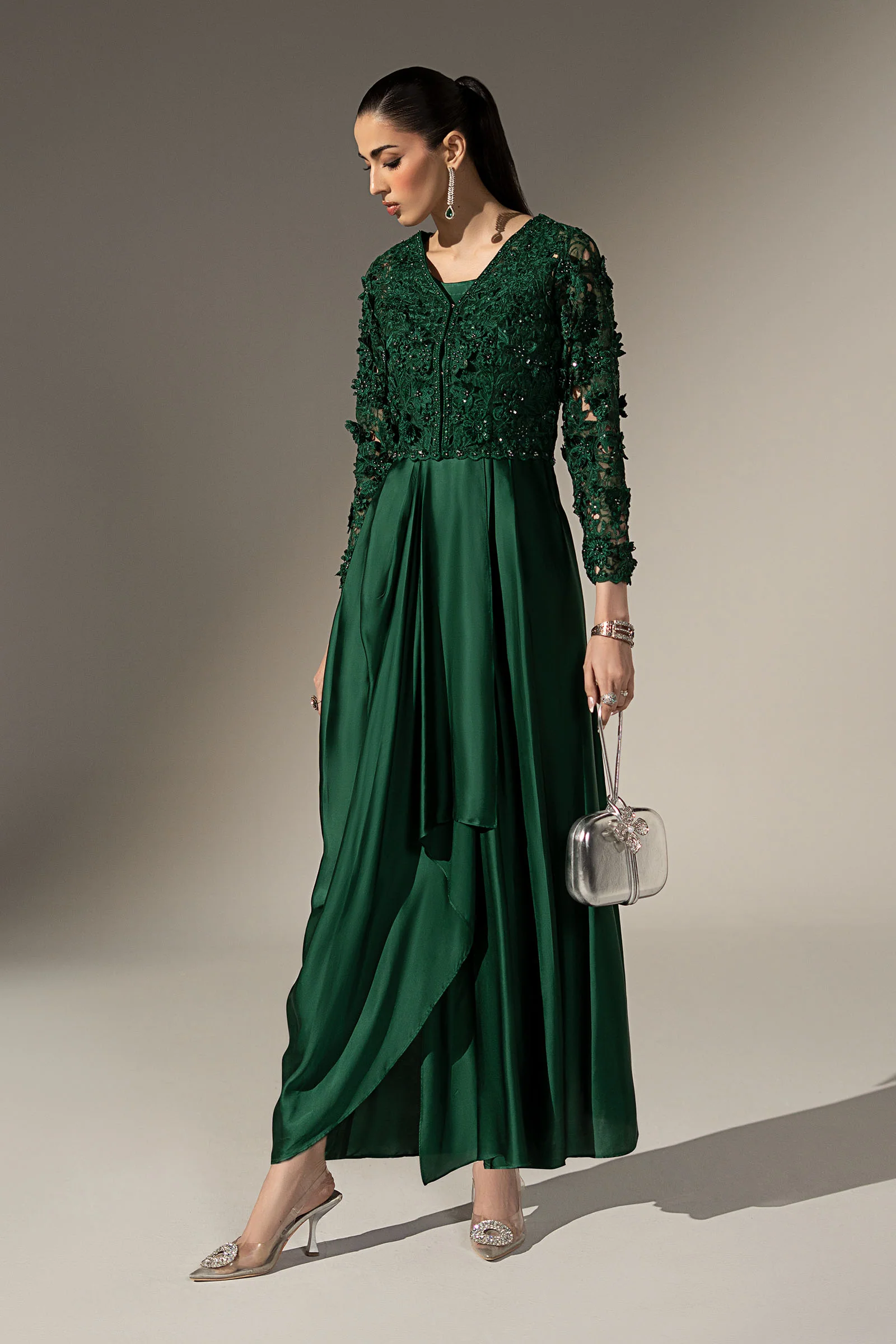 Green Pakistani ready to wear outfit for women