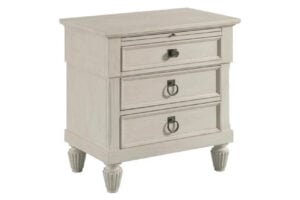 Cream three-drawer nightstand with ring pulls and fluted legs, American Drew Furniture