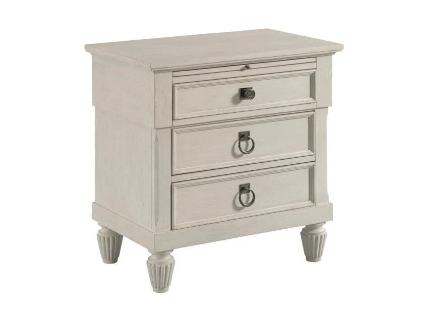 Cream three-drawer nightstand with ring pulls and fluted legs, American Drew Furniture
