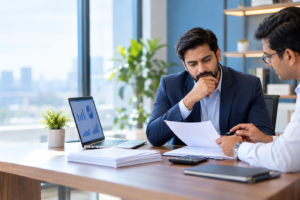 Business owner reviewing payment documents with a buyer before a deal