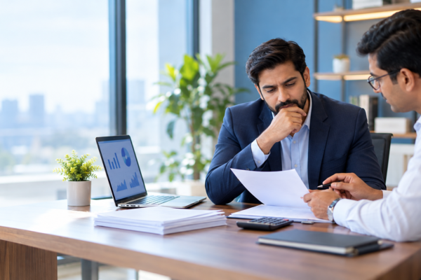 Business owner reviewing payment documents with a buyer before a deal
