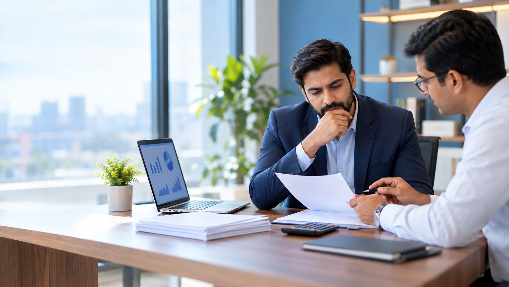 Business owner reviewing payment documents with a buyer before a deal