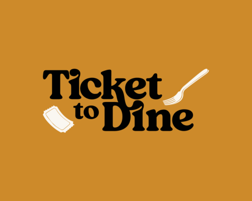 Ticket to Dine logo with bold black lettering, a cream fork, and a cream ticket on a golden-yellow background, promoting a Portland dining promotion listed by Sentinel Hotel