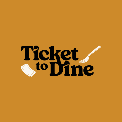 Ticket to Dine logo with bold black lettering, a cream fork, and a cream ticket on a golden-yellow background, promoting a Portland dining promotion listed by Sentinel Hotel