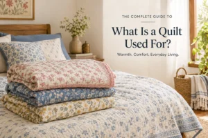 What is a quilt used for with layered floral quilts on a bed