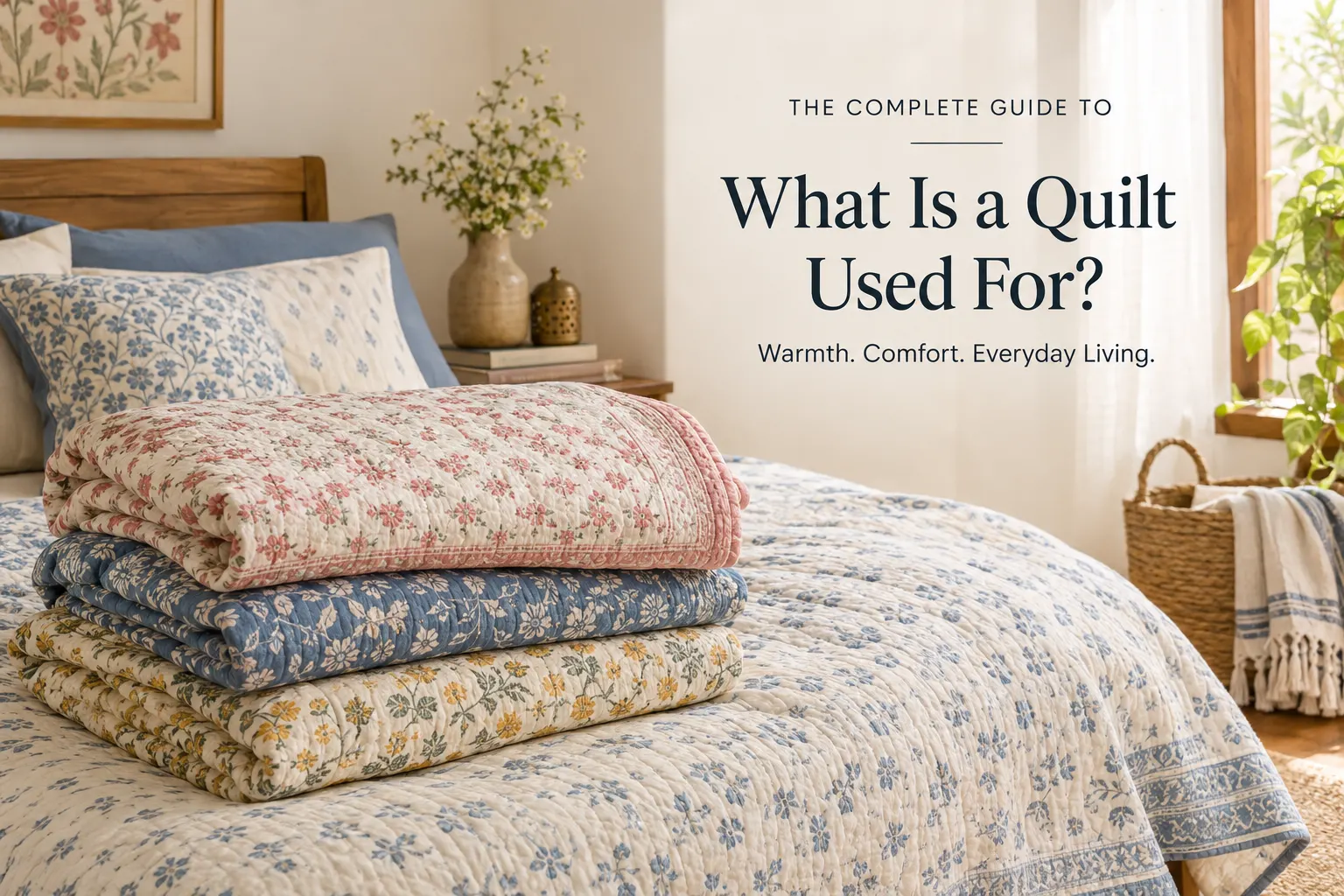What is a quilt used for with layered floral quilts on a bed